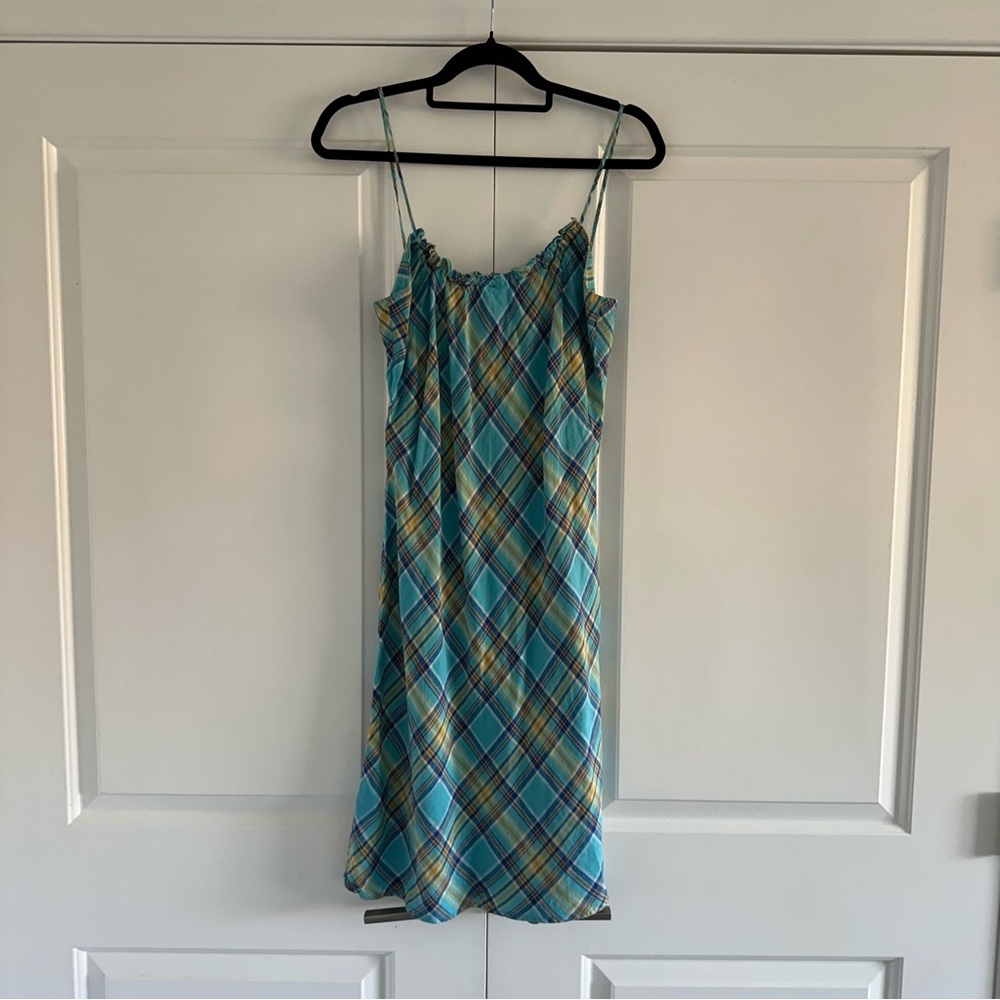 Ralph Lauren Plaid Dress - Vintage - LINEN- Turquoise Blue Yellow- Size Medium